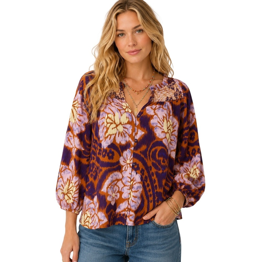 Sundance Tonya Tapestry Floral Blouse Boho Purple Brown Top Size Medium